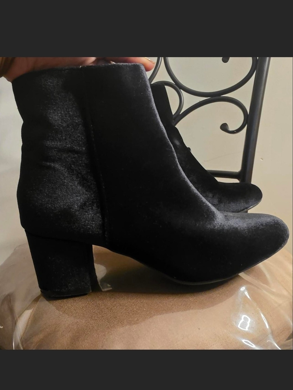 new directions Black Velvet Ankle Booties with Block Heel